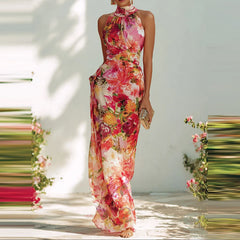 LIZAKOSHT  -  Elegant Sleeveless Hight Waist Holiday Long Dress Women Fashion Draped Summer Dress Sexy Halter Floral Print Bohe Bodycon Dress