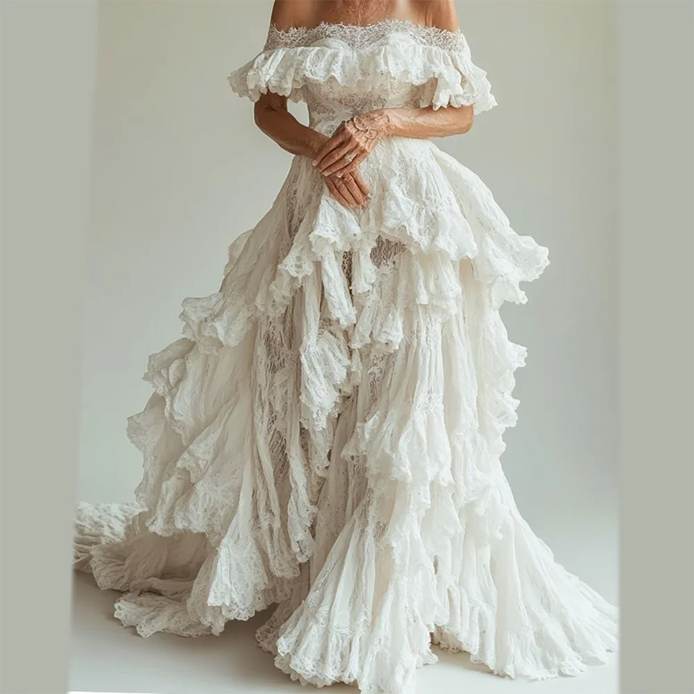 LIZAKOSHT  -  Chic Off Shoudler Sleeveless Lace Tiered A-Line Bride Wedding Dresses Bridal Gowns Customized