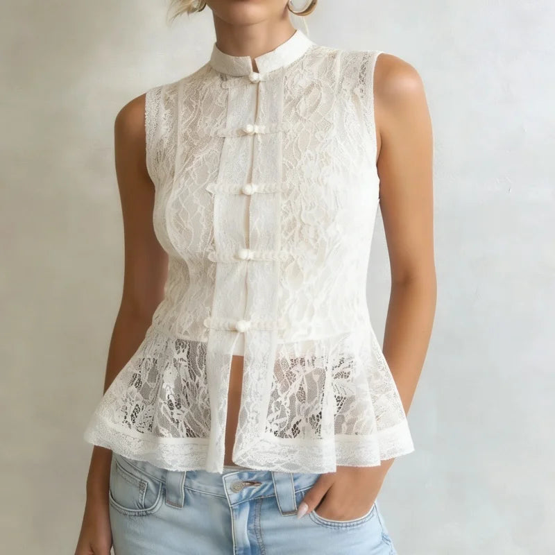 LIZAKOSHT  -  Womens Ruffle Trim Lace Mandarin Collar Guipure Split Tank Top Sleeveless Shirt Blouses Vests Y2K Streetwear
