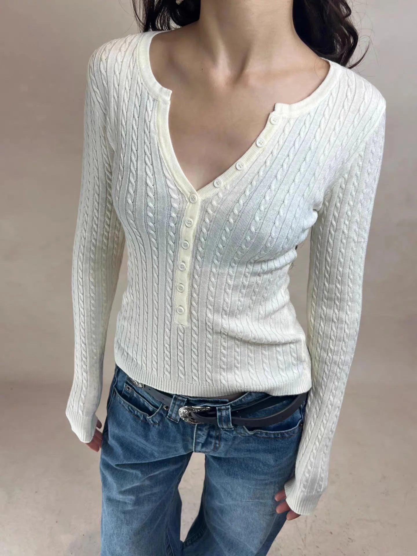 LIZAKOSHT  -  Twist Flower Buttons Knitwear Woman Autumn O-neck Long Sleeve Knitted Slim Pullovers Casual Simple Solid Baisc Sweater Y2k Tops