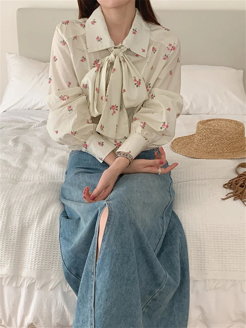 LIZAKOSHT  -  Korea Women Shirts Vintage Printed Florals Office Lady 2024 Loose Camping Work Wear Spring Casual Full Sleeve