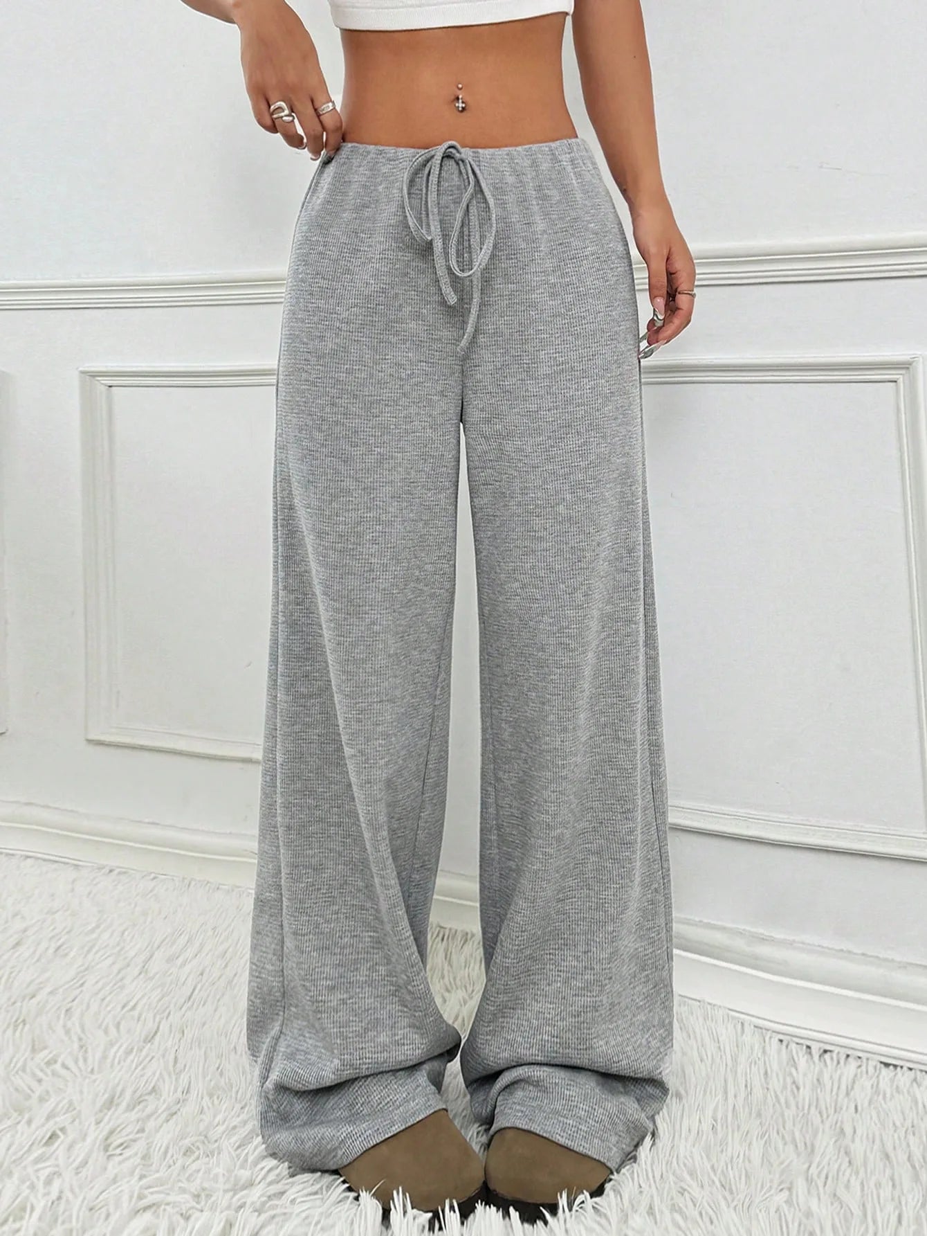 LIZAKOSHT  -  Women's New Casual Striped Solid Color Elastic Rope Cotton Straight Leg Pants