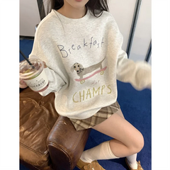 LIZAKOSHT  -  Thick Fleece Sweatshirt for Women Heavyweight Cotton Letter Print Oversize Drop-shoulder Grey Pullover Korean Chic Sweatshirts