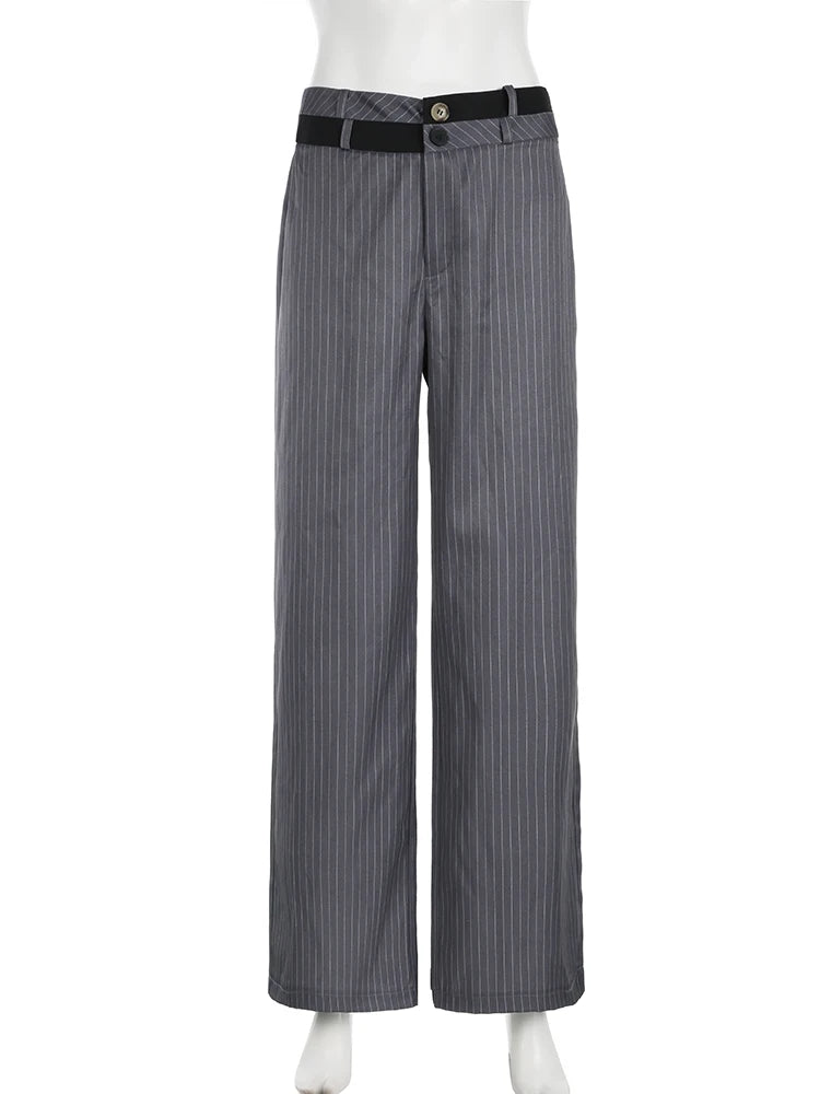 LIZAKOSHT  -  Elegant Fashion Striped Straight Pants Office Ladies Casual Loose Patchwork Wiede Leg Pants Women 2024 Summer Streetwear