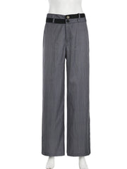 LIZAKOSHT  -  Elegant Fashion Striped Straight Pants Office Ladies Casual Loose Patchwork Wiede Leg Pants Women 2024 Summer Streetwear