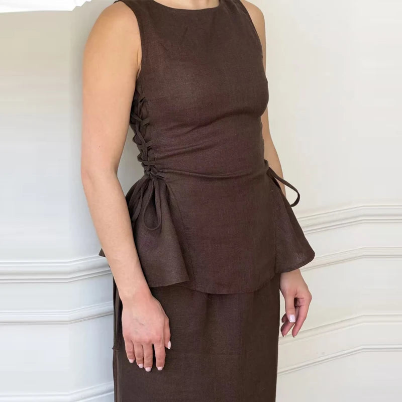 LIZAKOSHT  -  Casual O-Neck Sleeveless Lotus Leaf Swing Outfit Lady Elegant Side Tie Up Vest+Skirt 2pc Set Chic Solid Waist Cinch Commute Suit
