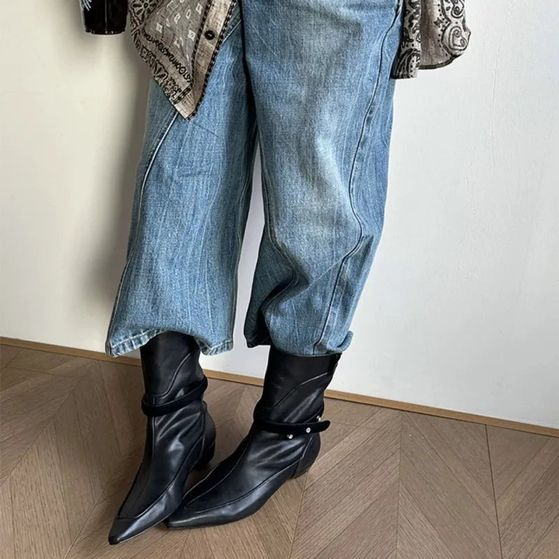 LIZAKOSHT  -  Winter New Suede Ankle Boots Women Fashion Retro Pointed Toe Belt Buckle Design Wedge Cowboy Boots Botines Para Mujeres