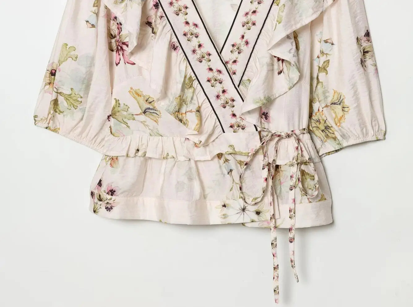 LIZAKOSHT  -  BOHO Light Pink Floral Print Tie Bow Sashes Wrap Shirt Short Women V neck Puff Sleeve Wood ears Waist Kimono Blouse Holiday Cape