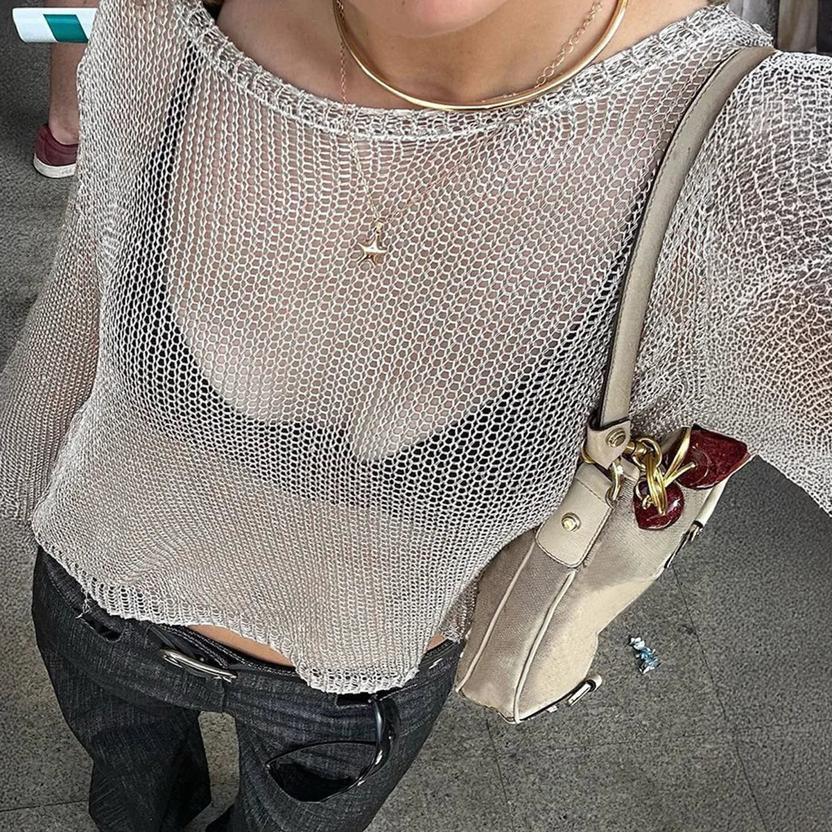 Women Casual Mesh Sheer Long Sleeve Cropped Top Hollow Out Knit Cover Up Shirt