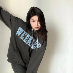 LIZAKOSHT  -  Hooded Sweatshirt High Quality With Letter Embroidery Flocking For Women Plus Velvet American Loose Slimming Inner And Outer Top