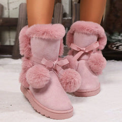 LIZAKOSHT  -  Big Size 43 Winter Cute Pink y2k Snow Boots Black Women Keep Warm Plush Ankle Boots Faux Fur Hairball Flat Comfy Outdoor Shoes