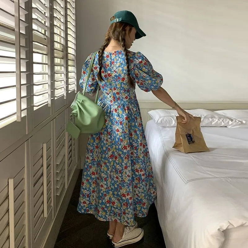LIZAKOSHT  -  Vestidos Mujer Sweet Spring Summer Blue Print Floral Vintage Woman Dress Korean Fashion Puff Sleeve Long Dress