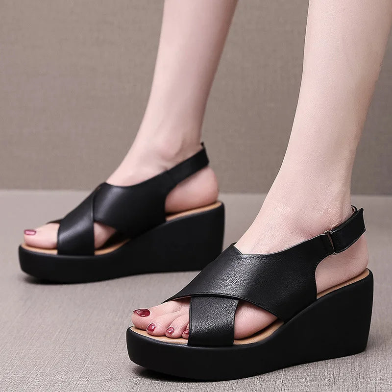 LIZAKOSHT  -  Cowhide Genuine Leather Women Sandal Platform High Heel Shoes Wedges Comfort Women Shoes Casual Trendy Shoes Women Sandals