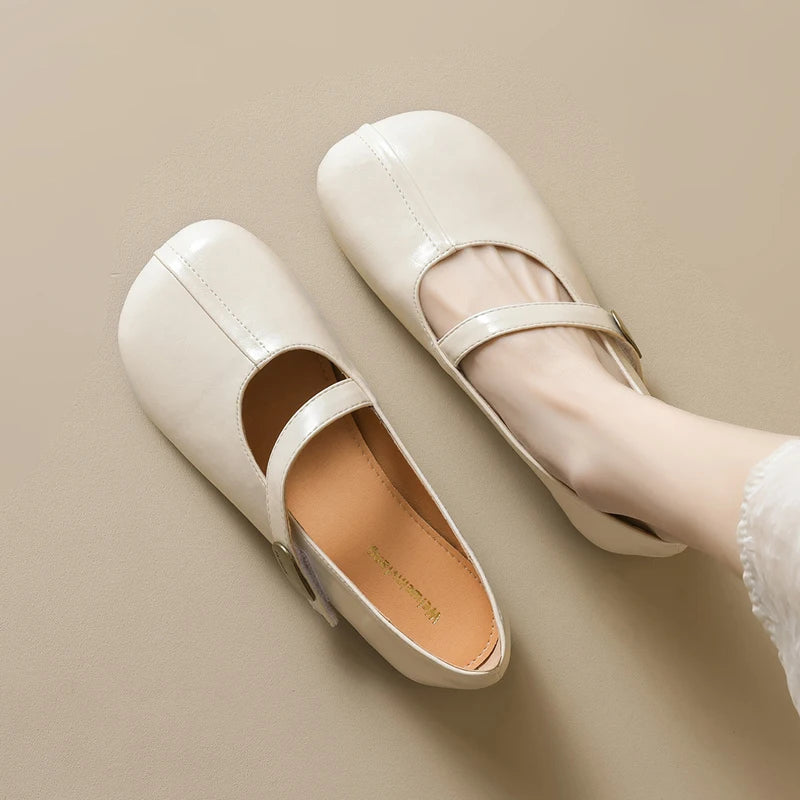 LIZAKOSHT  -  Retro Belt Strap Mary Janes Woman Lolita Flats Shoes Square Toe Cozy Slip On Loafers Female Solid Pu Leather Mocasines De Mujer