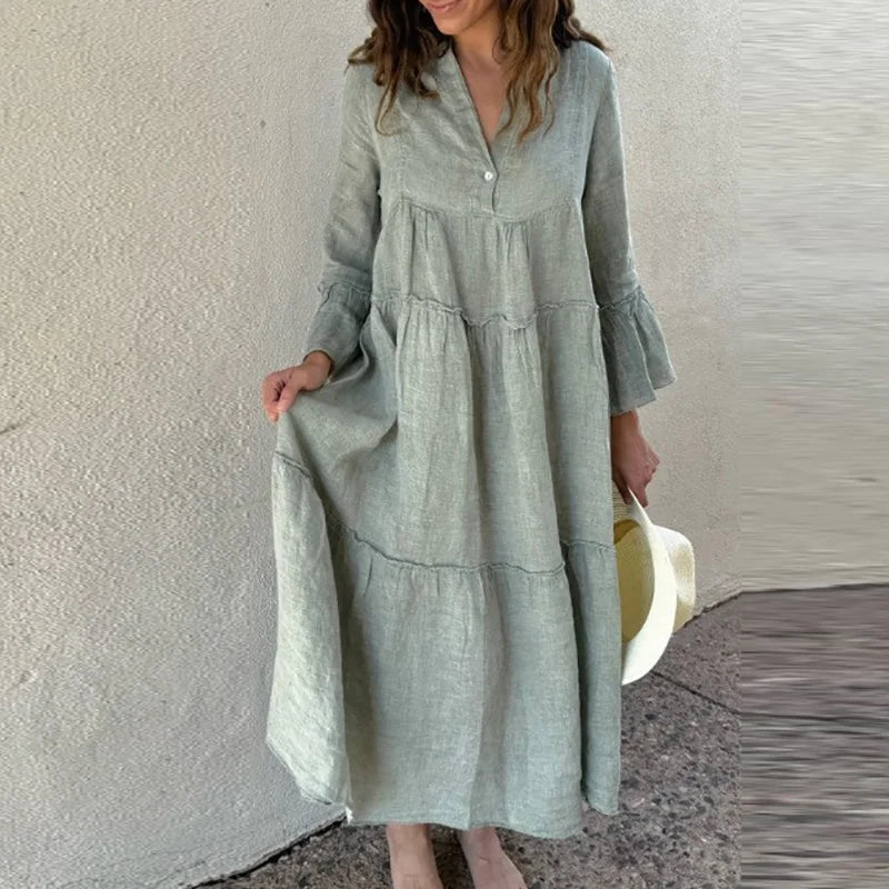 LIZAKOSHT  -  Sexy V-neck Flared Sleeve Loose Long Dress Fashion Button Pleated Solid Maxi Dress Spring Autumn Casual Cotton Linen Party Dress