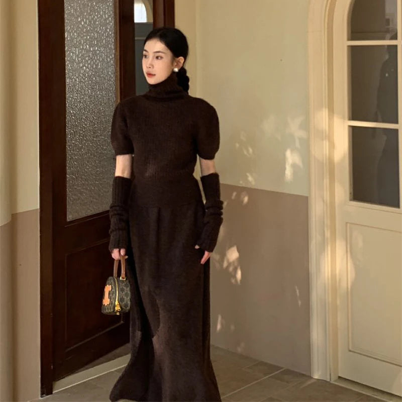 Fashion 2 Piece Skirt Set Women Short Sleeve Sweaters High Waist A-line Long Skirts Office Lady Slim Knitted Two Pieces Suits