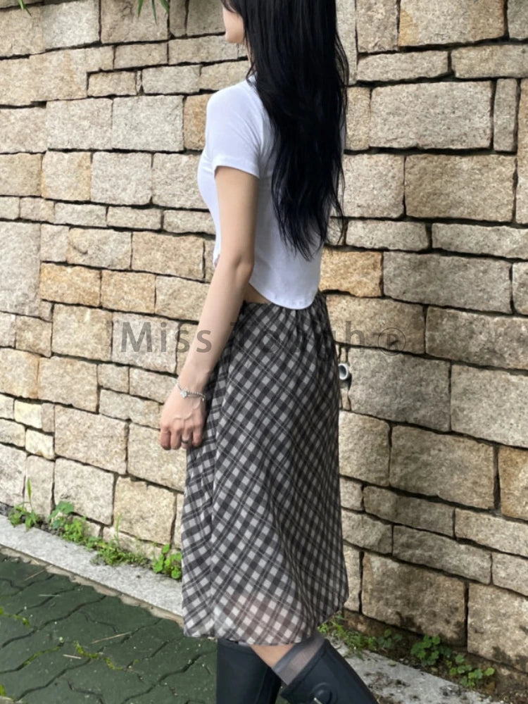 LIZAKOSHT  -  Korea Chic Spring French Retro Skirt Women High Waist Plaid Mid-Length Skirt Female Casual Vintage Designer Y2k Skirt 2024 New