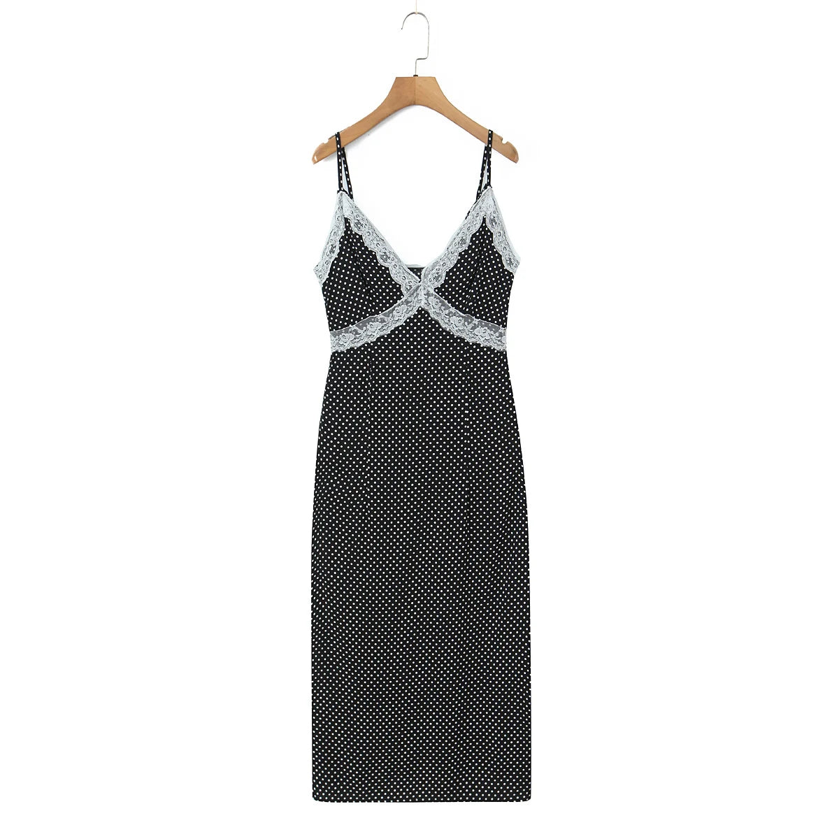 LIZAKOSHT  -  Retro French Style Black white Polka Dot Print Spliced Lace V Neck Chest Sling Midi Dress Women Backless Dresses Vestidos Femme