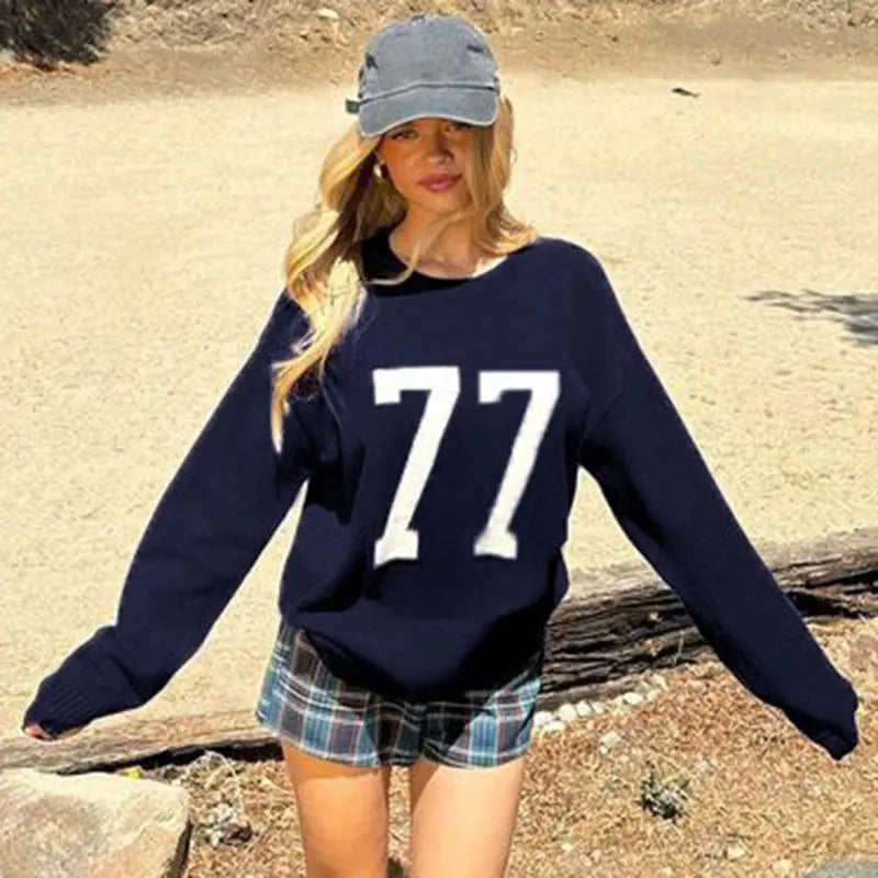 LIZAKOSHT  -  Pullover Knitted Sweater Contrasting Color Digital Print Round Neck American Basic Slim  Hot Girl Sweater Autumn Winter