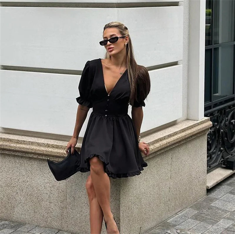 LIZAKOSHT  -  Deep V-neck Puff Sleeve Mini Dress Women Sexy High Waist Patchwork Button Fashion Slim Black A-line Club Party Dress