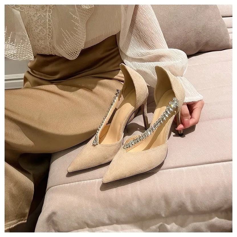 LIZAKOSHT  -  New Fashion Brand Crystal Embellished High Heels Shoes Women Pointed Toe Dress Rhinestone Wedding Party Pumps Black Suede Sandal