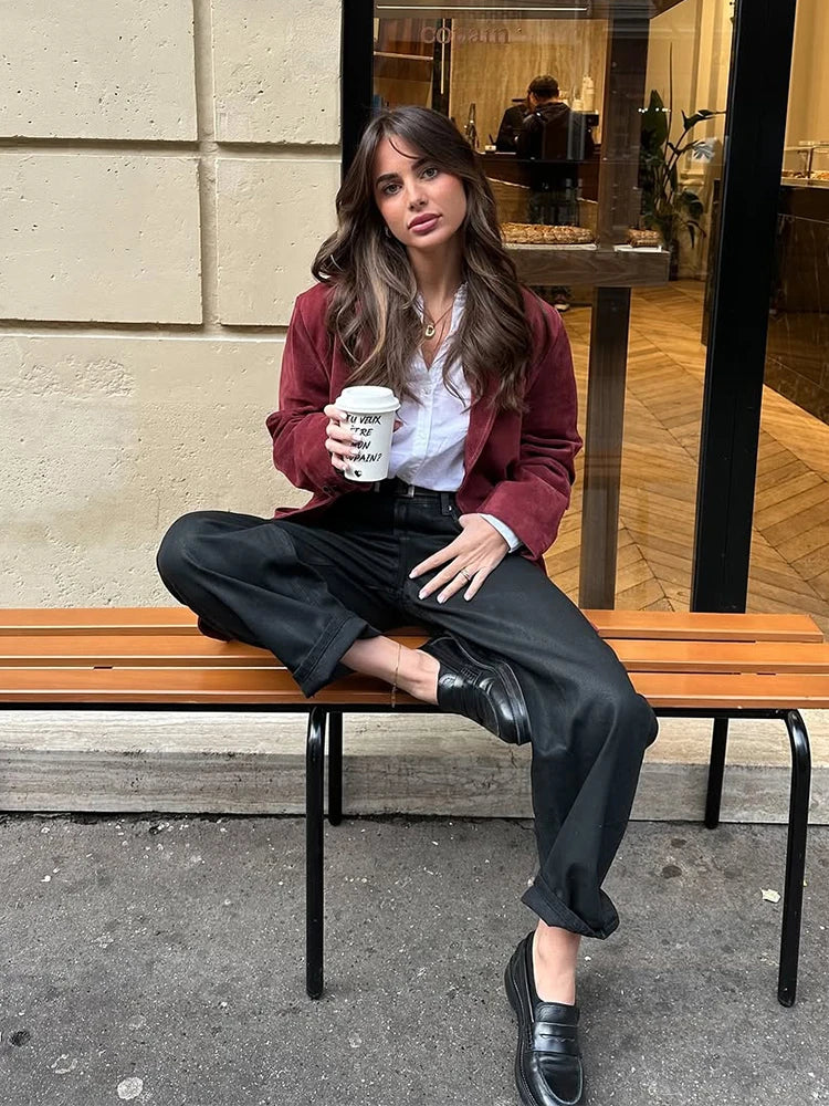 LIZAKOSHT  -  Wine Red Lapel Blazer Women Single Breasted Patchwork Long Sleeve Jackets New Elegant Chic Street Casual Commute Jacket 2025