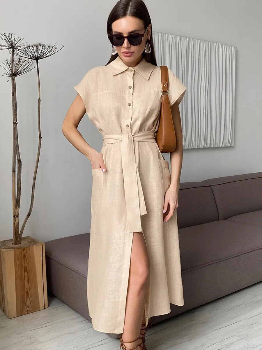 LIZAKOSHT  -  Summer Women's Linen Dress Lapel Sleeveless High Waist Maxi Dress Elegant Straight Shift Dress Office Lady Long Dress
