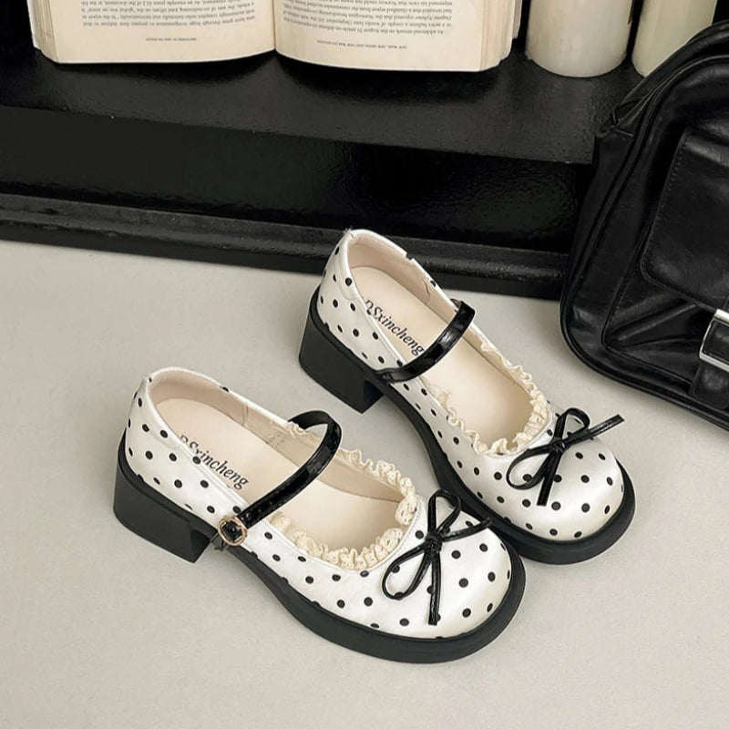LIZAKOSHT  -  Cute Polka Dot Thick Heel Women Mary Jane Shoes Comfort Shallow Strap Pumps Ladies Eelgant Butterfly-knot Dress Single Shoes