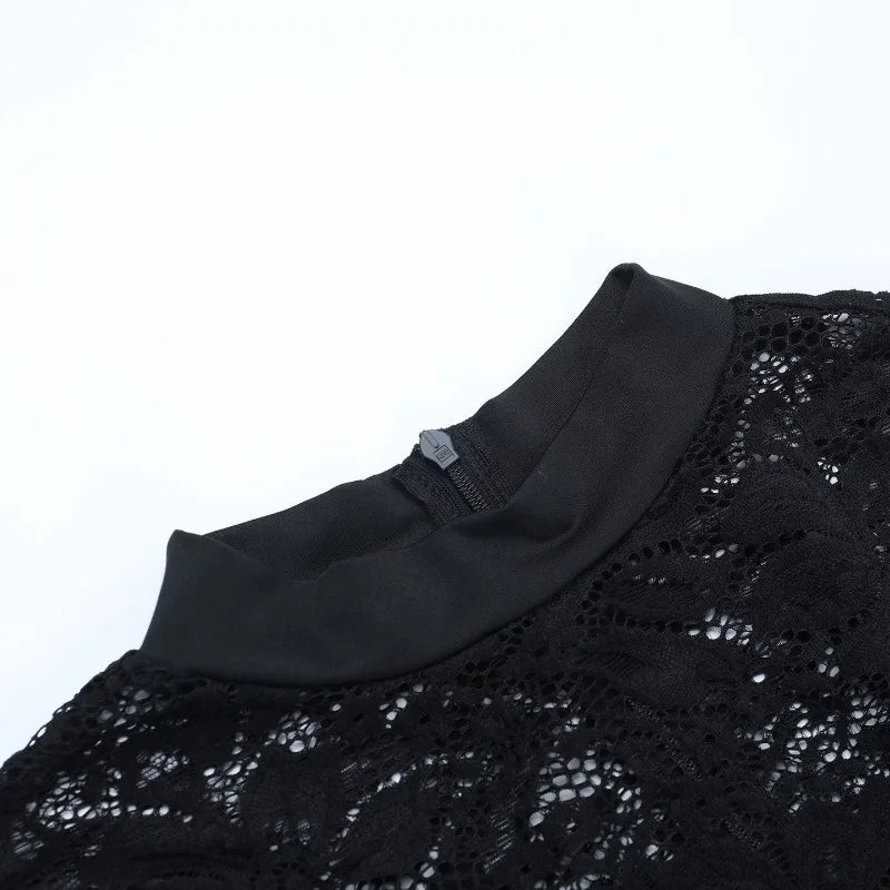 LIZAKOSHT  -  Twist Patchwork See Through Lace Bodycon Mini Dress Women Autumn O Neck Long Sleeve Ruched Slim Night Clubwear Party Dresses