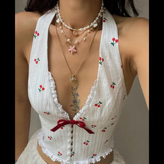 LIZAKOSHT  -  Summer Fashion Women's Wear Simple Style Casual Versatile Deep V Hanging Neck Short Top for Women