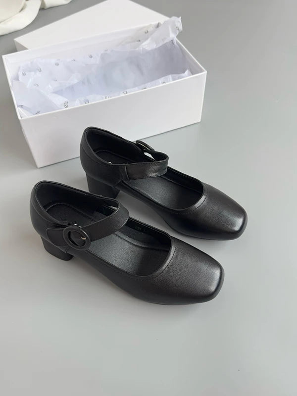 LIZAKOSHT  -  French Style  Fashion Square Heel Shoes Women  Genuine Leather Vintage Mary Jane Shoes Women