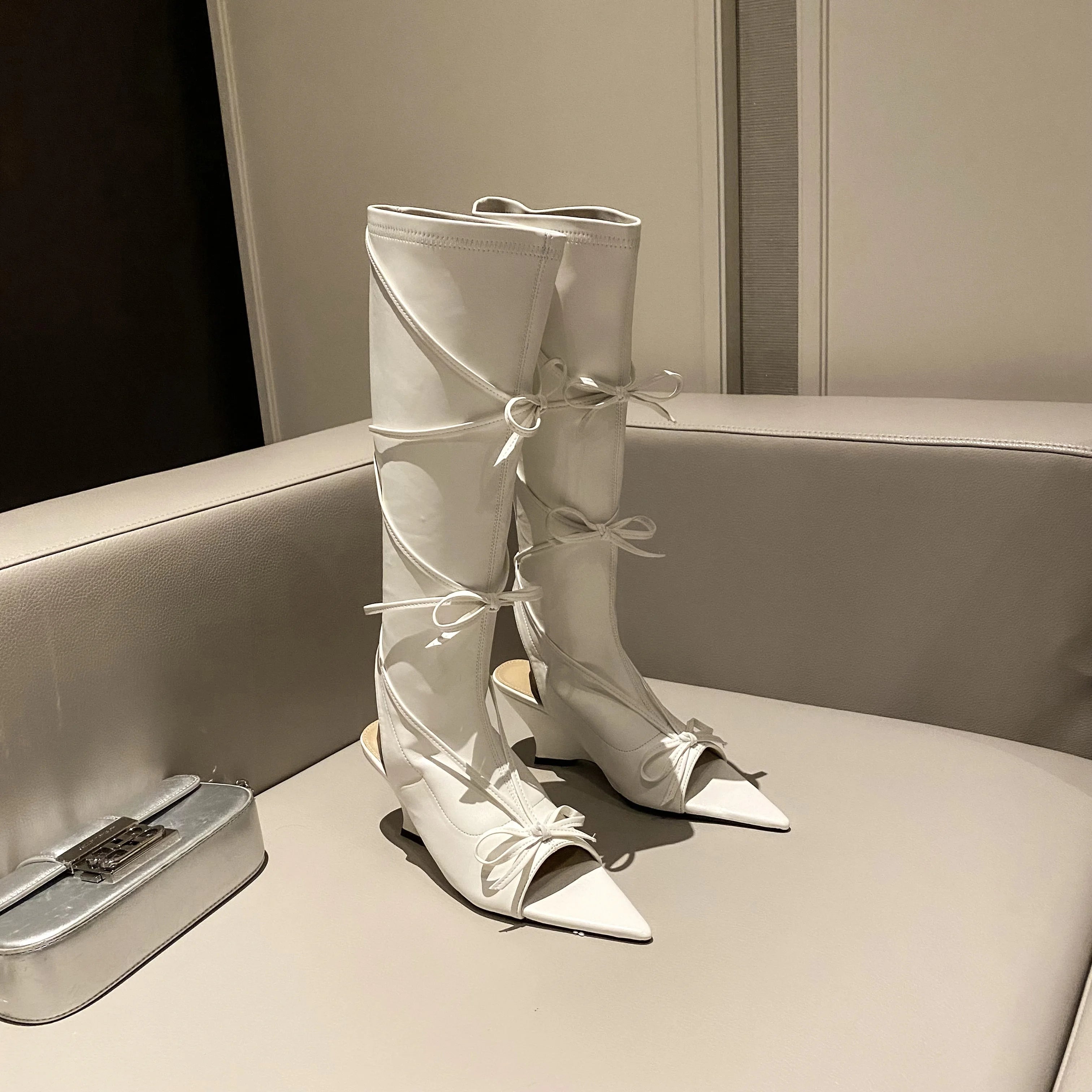 LIZAKOSHT  -  Summer Tall Sandals For Women Fashion Pointed Toe Low Heel Female Knee High Boots Butterfly-Knot Solid Color Wedges Shoes Ladies