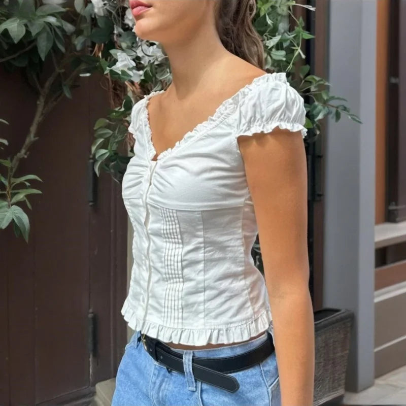 LIZAKOSHT  -  y2k Tank Top Women Summer Clothes Solid Color Cap Sleeve Button Down Slim Fit Frill T Shirt 2000s Vest Streetwear