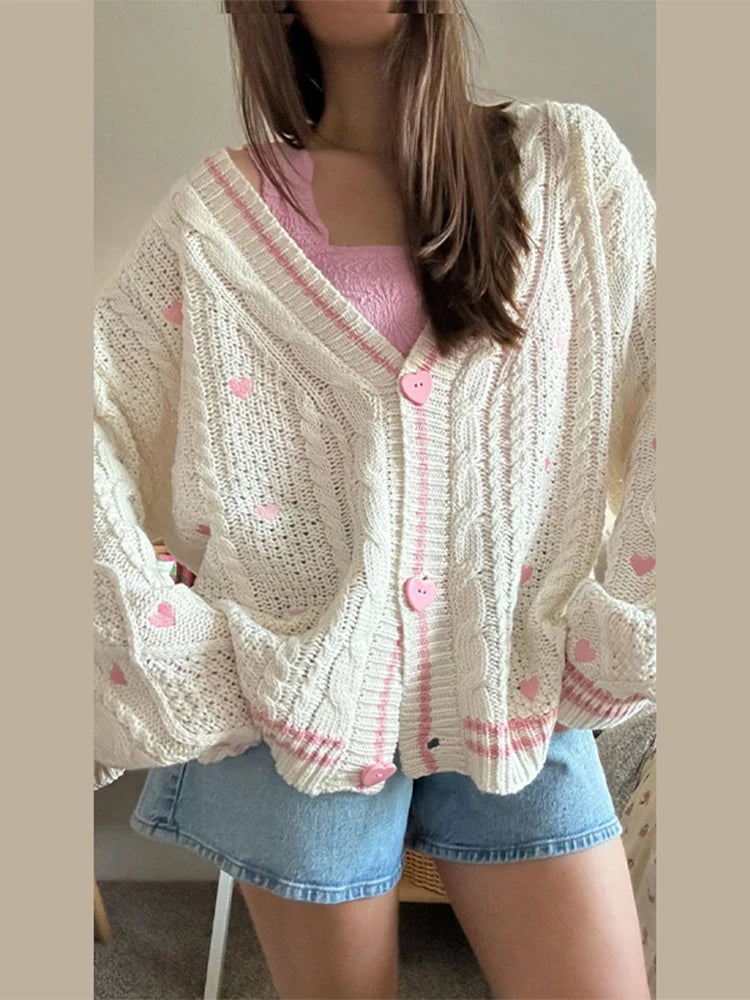 LIZAKOSHT  -  Love Sweater Knitted Cardigan Female V-Neck Long Sleeves Loose Single Breasted Top Chic Casual Women's New Versatile Cardigans