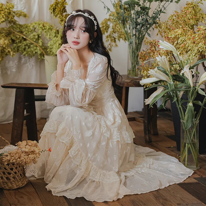 LIZAKOSHT  -  Vintage Lace Floral Dress for Woman French Square Collar Splicing Hollow Out Lantern Sleeve Romantic Sweet Elegant Midi Dresses