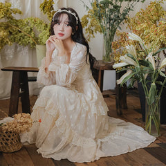 LIZAKOSHT  -  Vintage Lace Floral Dress for Woman French Square Collar Splicing Hollow Out Lantern Sleeve Romantic Sweet Elegant Midi Dresses