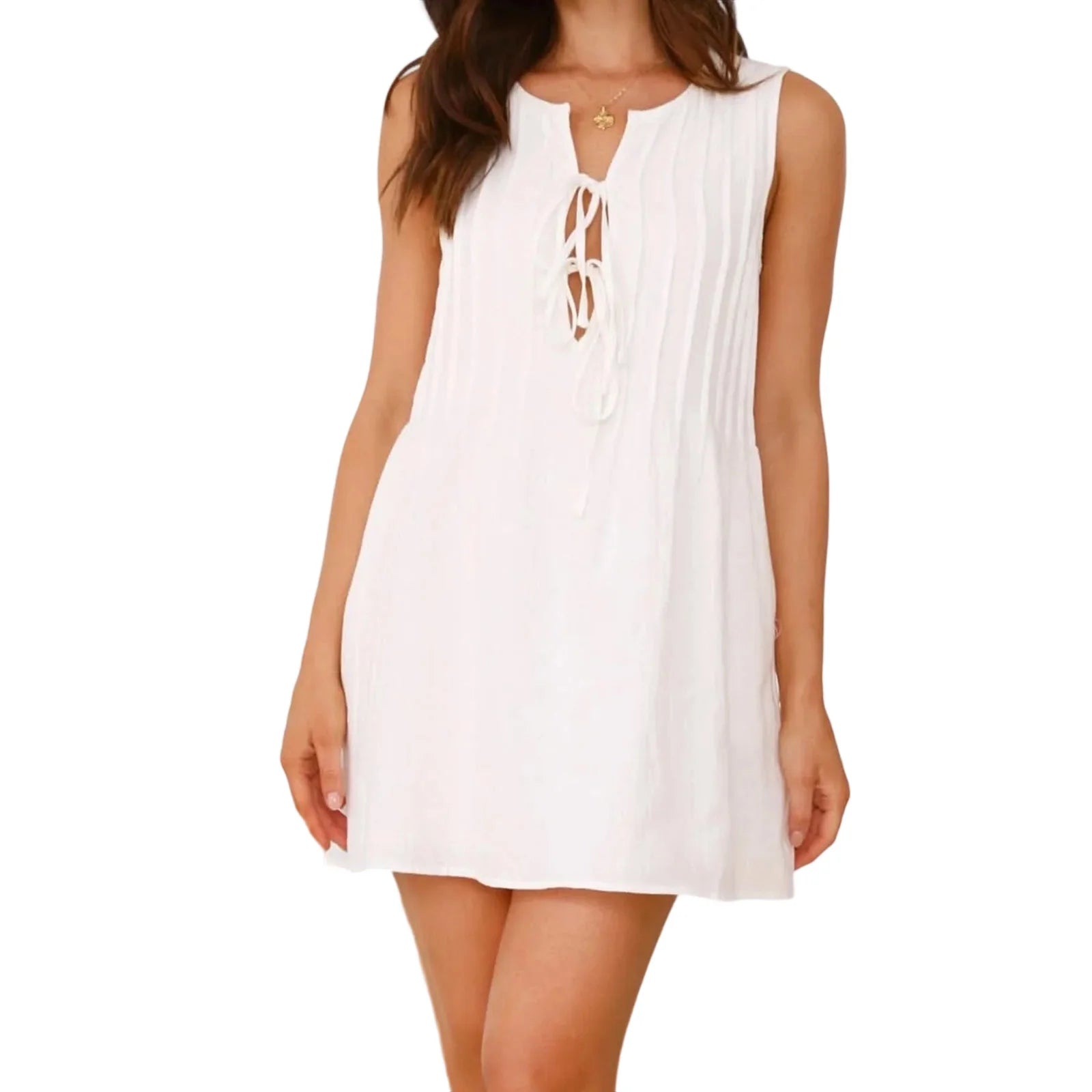 LIZAKOSHT  -  Women s Casual Sleeveless V-Neck Mini Dress with Front Tie Detail and Pleated Skirt for Summer Beach Party