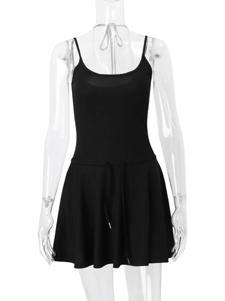 LIZAKOSHT  -  Sexy Backless Women Fake Two Piece Sets Black Spaghetti Strap V-neck Dress Female Summer Skinny Elegant Streetwear