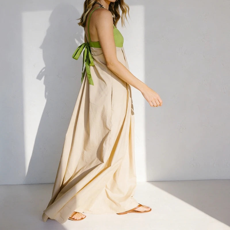 LIZAKOSHT  -  Women Loose Fit Maxi Dress Summer Sleeveless Patchwork Contrast Color Flowy Dress Beach Party Back Tie Long Dress