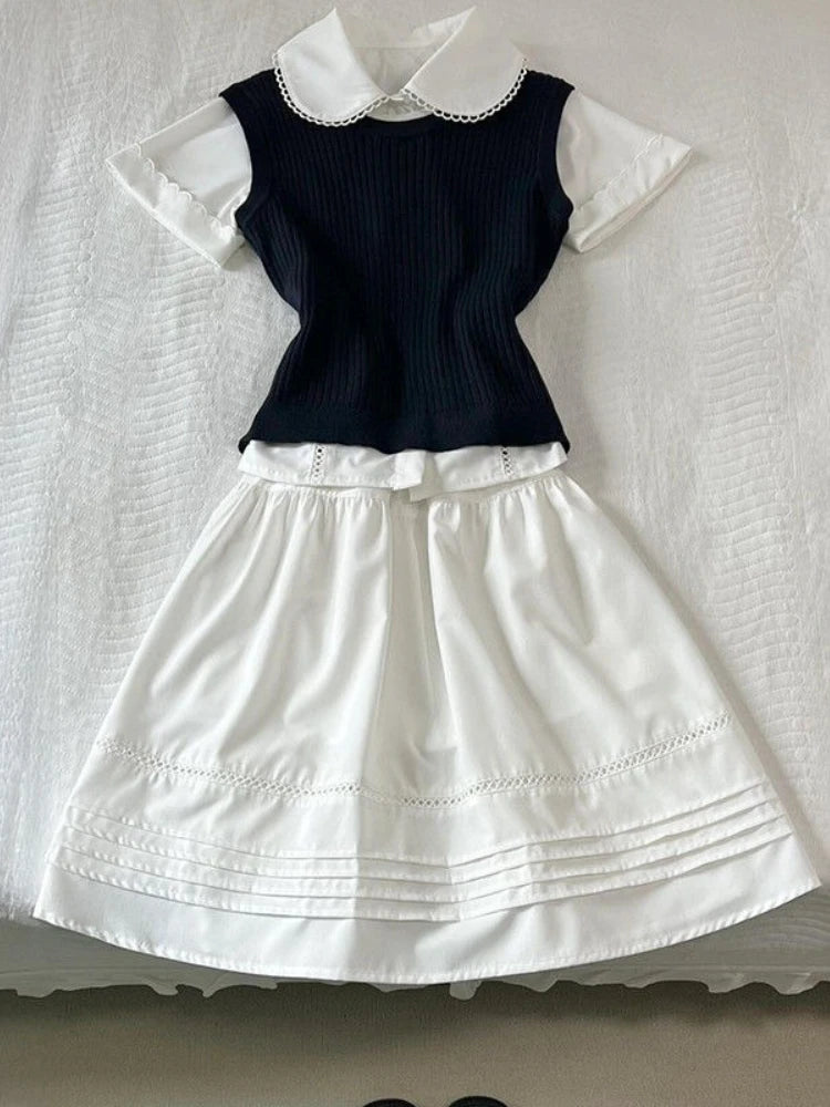 LIZAKOSHT  -  Korea Chic Patchwork 3-piece Set Women White Shirt + solid Vest + Short Skirt Suit Women Babydoll Collar Short-sleeved Set