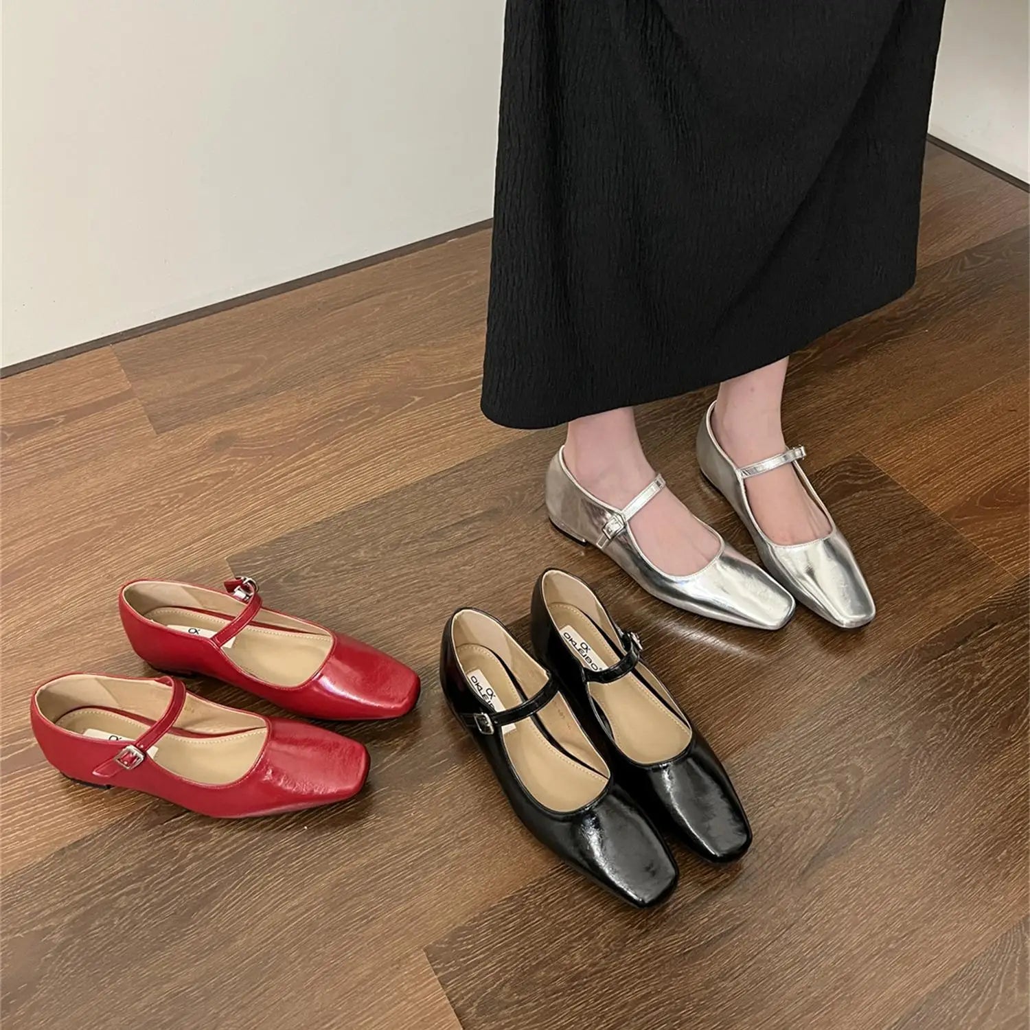LIZAKOSHT -  Silver Ballerina Shoes Woman Belt Strap Mary Janes Lolita Square Toe Flats OL Ladies Dress Mocasines Brides Wedding Ballets