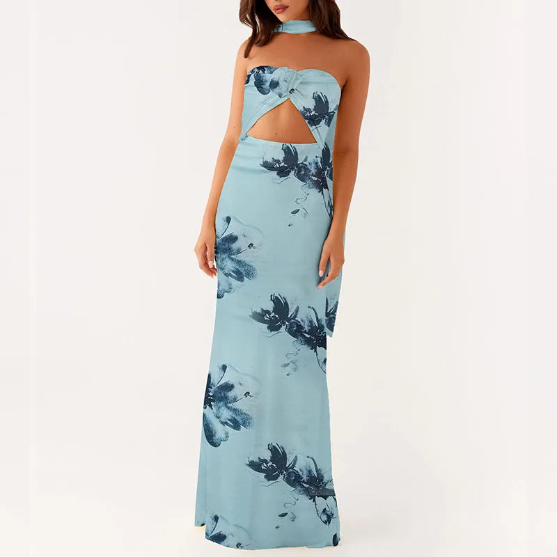 LIZAKOSHT  -  Women 3D Floral Tube Strapless Maxi Bodycon Dress with Scarf Sexy Club Party Y2k Summer Backless Mesh Long Dresses