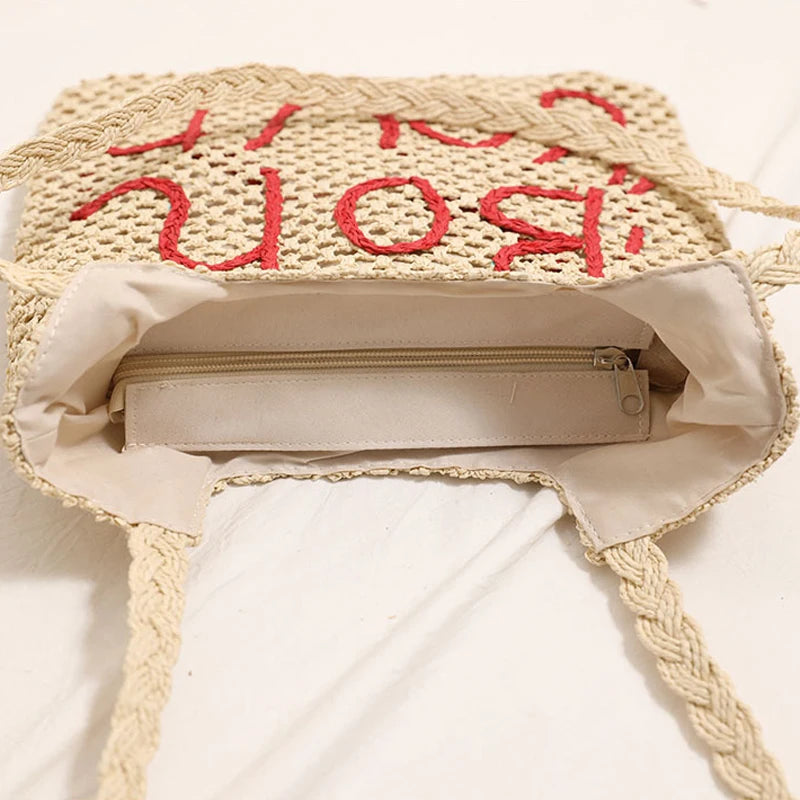 LIZAKOSHT  -  Women Fashion Letter Embroidered Shoulder Bag Hollow Grass Woven Beach Bags Vacation Handbag