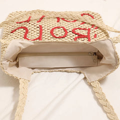 LIZAKOSHT  -  Women Fashion Letter Embroidered Shoulder Bag Hollow Grass Woven Beach Bags Vacation Handbag