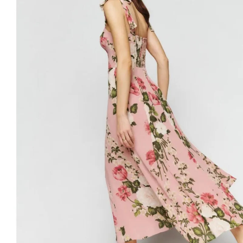 LIZAKOSHT  -  Women Tie Bow Strap Sleeveless Sexy Beach Robe Holiday Retro French Pink Flower Print V neck Corset Chest Style Midi Sling Dress