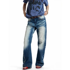 LIZAKOSHT  -  American Vintage Distressed Rivet Patchwork Flare Jeans Women Streetwear Bodycon Full-Length Y2k Retro Denim Pants