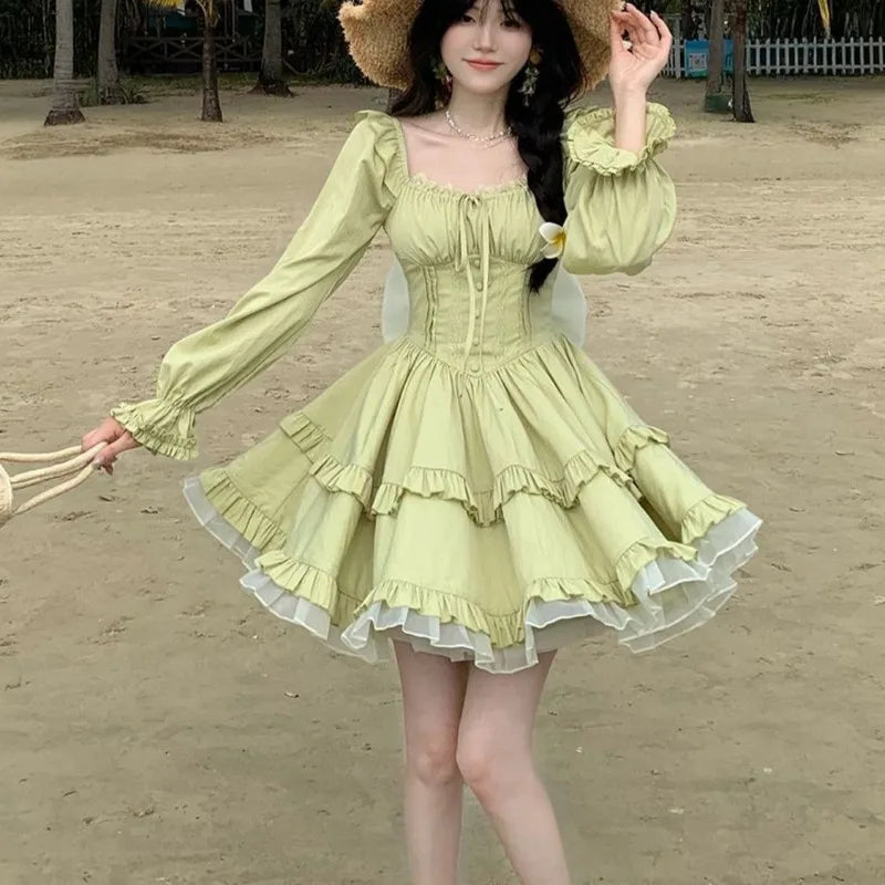 LIZAKOSHT  -  Green Women Dresses Square Neck Ruffles Bows Vintage Vestidos Mujer Spring Autumn Korean Fashion Sweet Mini Dress