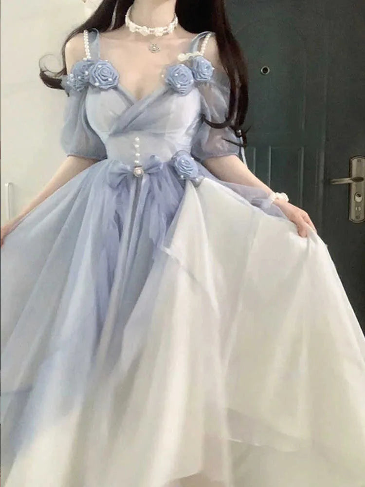 LIZAKOSHT  -  Elegant Gradient Blue Three-Dimensional Rose Lolita Dress Flower Wedding Birthday