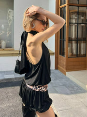 LIZAKOSHT  -  Sexy Halter Neck Leopard Tunics Mini Vacation Dress Streetwear Women Chic Hollow Out Backless Short Evening Party Dresses