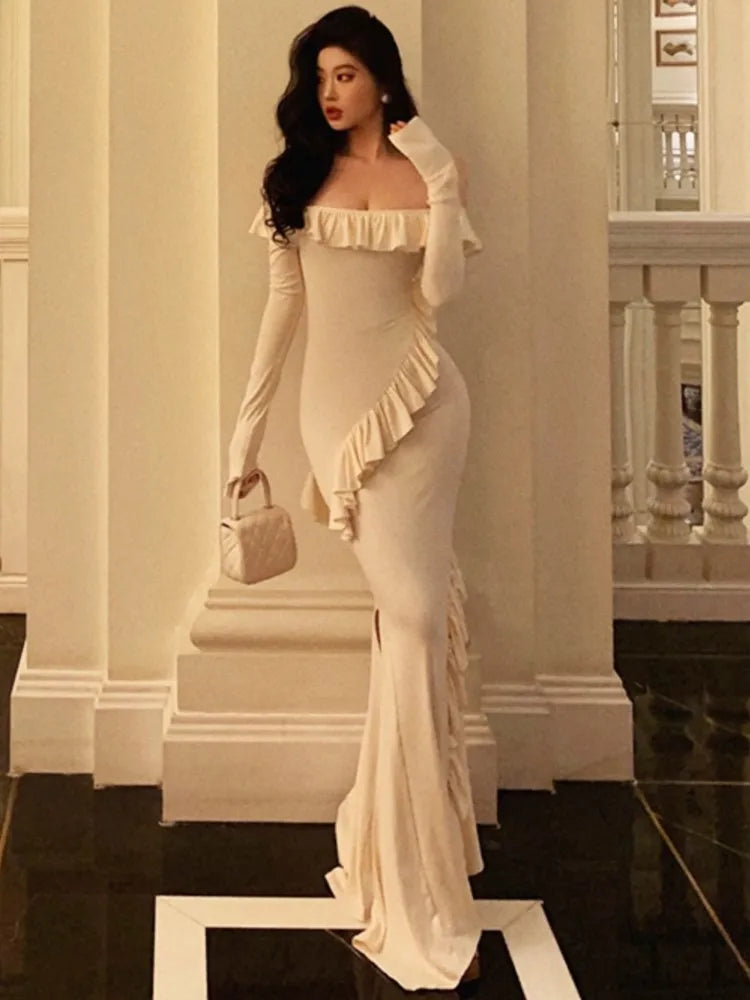 LIZAKOSHT  -  Sexy Bodycon Off Shoulder Long Dresses for Women Solid Ruffles Slim Mermaid Slit Evening Party Bandage Dress Prom Robe Vestidos